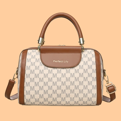 Women Boston Bag PU Leather M Monogram Print Top Handle Crossbody Shoulder Handbag Retro Large Capacity Daily Use