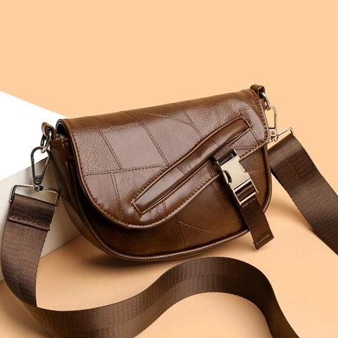 Vintage Satteltasche Für Frauen PU Leder Patchwork Nähte Crossbody Tasche Mit Breitem Verstellbarem Riemen Metallschnalle