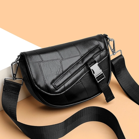 Vintage Satteltasche Für Frauen PU Leder Patchwork Nähte Crossbody Tasche Mit Breitem Verstellbarem Riemen Metallschnalle