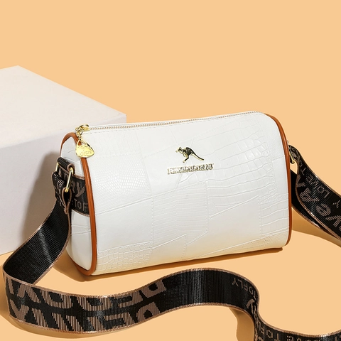 Women Cylinder Crossbody Bag PU Leather Crocodile Pattern Patchwork Pillow Bag Wide Shoulder Strap Fashion Handbag