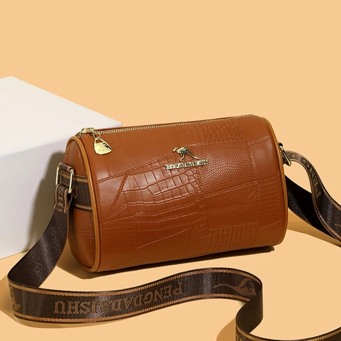 Women Cylinder Crossbody Bag PU Leather Crocodile Pattern Patchwork Pillow Bag Wide Shoulder Strap Fashion Handbag