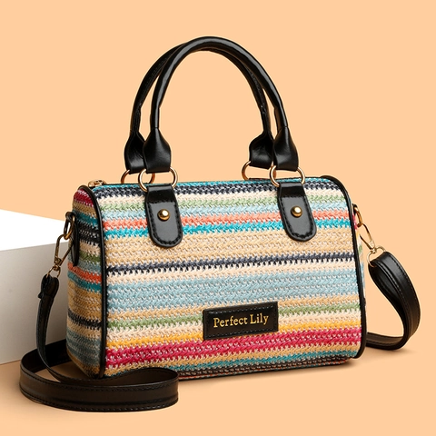 Woven Boston Bag Colorful Stripe Straw Handbag With Detachable Leather Strap For Summer Beach Vacation Bohemian Women