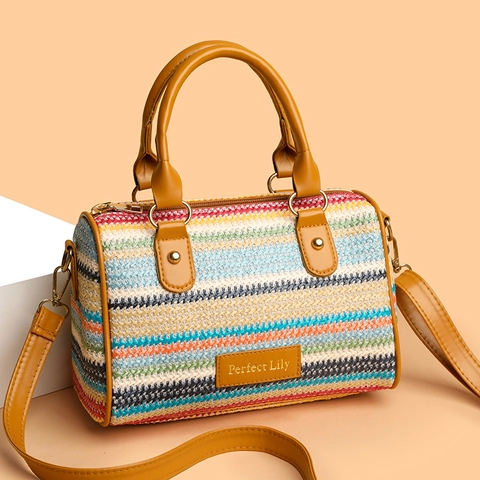 Woven Boston Bag Colorful Stripe Straw Handbag With Detachable Leather Strap For Summer Beach Vacation Bohemian Women