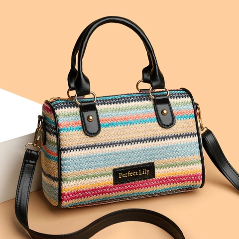 Damen Gestreifte Stroh Gewebte Boston Tasche Mehrfarbige Regenbogen Strand Handtasche Schulter Umhängetasche Verstellbarem Riemen
