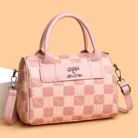 Borsa Boston Da Donna In Pelle PU Con Stampa A Scacchi E Lettere Borsa A Mano Con Manico Tracolla Regolabile Rimovibile Retro