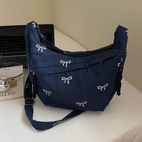Women Denim Hobo Bag Bow Print Large Capacity Crossbody Shoulder Bag With Adjustable Strap Casual Style