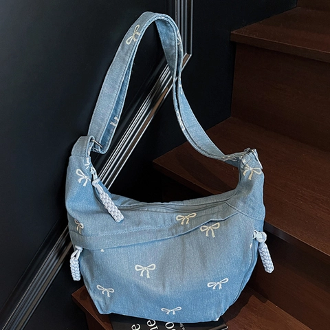 Women Denim Hobo Bag Bow Print Large Capacity Crossbody Shoulder Bag With Adjustable Strap Casual Style