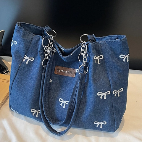 Borsa Tote In Denim Donna Stampa Fiocco Grande Capacità Tela Lavata Borsa A Spalla Catena Casual Pendolarismo
