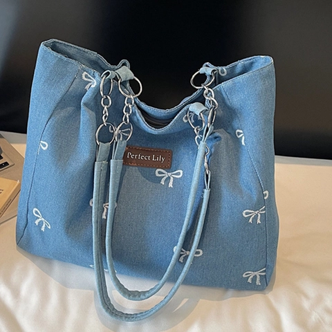 Borsa Tote In Denim Donna Stampa Fiocco Grande Capacità Tela Lavata Borsa A Spalla Catena Casual Pendolarismo