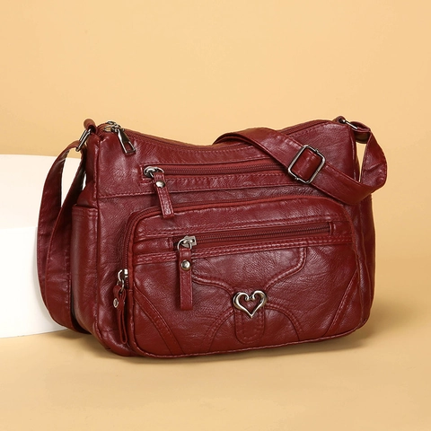 Sac Bandoulière Femme Cuir PU Souple Fermeture Éclair Multi Couches Grande Capacité Sac À Épaule Avec Ornement Cœur