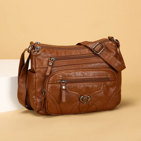 Sac Bandoulière Femme Cuir PU Souple Fermeture Éclair Multi Couches Grande Capacité Sac À Épaule Avec Ornement Cœur