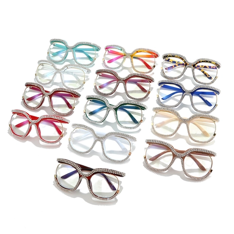 Oversized Rhinestone Eyeglasses Frame PC Metal Blue Light Blocking Decorative Fashion Glasses For Women Men