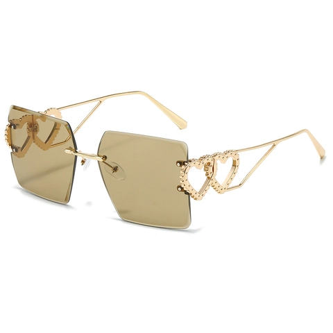 Rimless Square Sunglasses For Women Metal Frame Heart Shaped Decoration Gradient Lens UV400 Fashion Eyewear