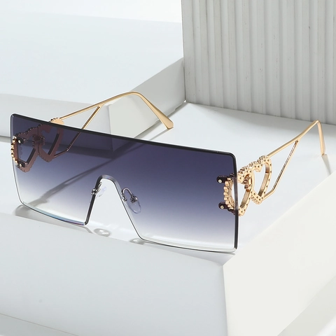 Rimless Square Sunglasses Oversized Metal Hollow Heart Decor UV400 Protection Trendy Hip Hop Eyewear For Women Men