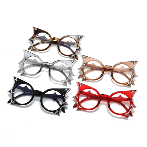 Bat Shape Cat Eye Brille Rahmen Mit Stern Strass Anti Blaulicht PC Brillen Mode Punk Stil Damen