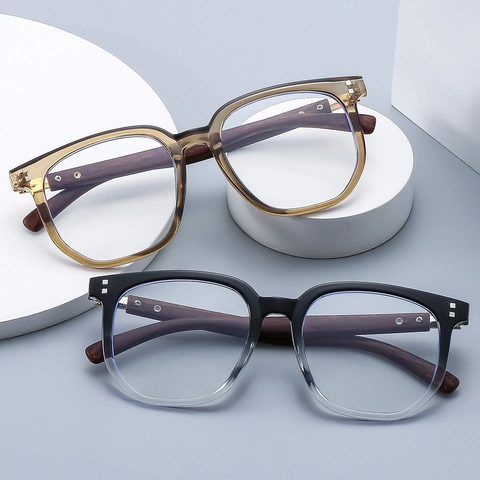 Retro Square Optical Glasses Frames Anti Blue Light PC Frame Wood Grain Temples Lightweight Eyeglasses For Women Men