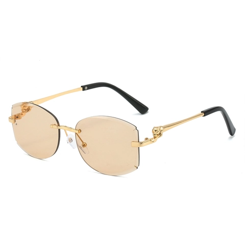 Rimless Sunglasses Metal Frame Leopard Head Decor Gradient Lenses Luxury Retro Fashion Eyewear UV400 Protection Women