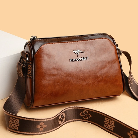 Vintage Oil Wax PU Leather Crossbody Bag Women Wide Geometric Pattern Jacquard Strap Shoulder Purse Retro