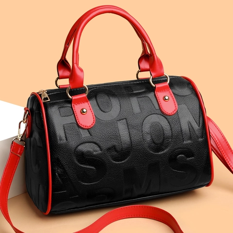 Bolso De Mano Boston Cuero PU Grano Lichi Letras Relieve Color Contraste Bolso Bandolera Con Correa Desmontable