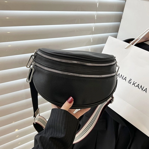 Borsa A Tracolla Mezzaluna Pelle PU Trama Litchi Doppia Cerniera Borsa Da Petto Moda Casual Tracolla Larga A Righe