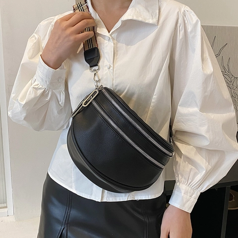 Borsa A Tracolla Mezzaluna Pelle PU Trama Litchi Doppia Cerniera Borsa Da Petto Moda Casual Tracolla Larga A Righe