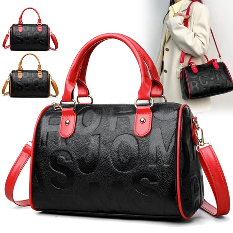 Bolso De Mano Boston Cuero PU Grano Lichi Letras Relieve Color Contraste Bolso Bandolera Con Correa Desmontable