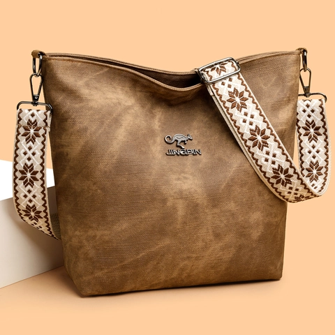 Damen Umhängetasche Mit Großer Kapazität PU-Leder Gewaschene Textur Breiter Bestickter Gurt Lässige Schultertasche