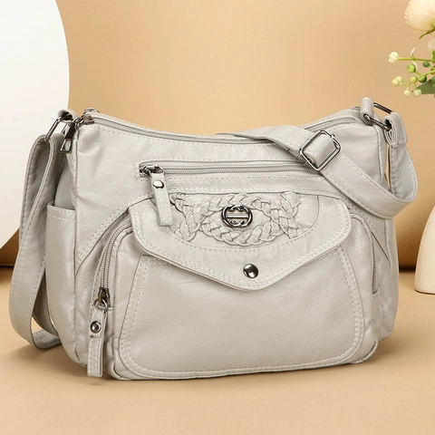Damen Umhängetasche Weiches PU Leder Mehrere Taschen Fach Gewebtes Detail Verstellbarer Riemen Vintage Lässige Schultertasche