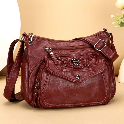 Damen Umhängetasche Weiches PU Leder Mehrere Taschen Fach Gewebtes Detail Verstellbarer Riemen Vintage Lässige Schultertasche