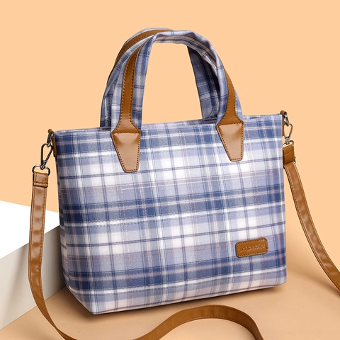 Plaid Tote Bag Canvas Fabric With Leather Handles Large Capacity Shoulder Crossbody Bag For Women Students Casual