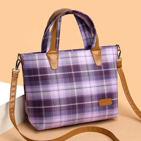 Plaid Tote Bag Canvas Fabric With Leather Handles Large Capacity Shoulder Crossbody Bag For Women Students Casual