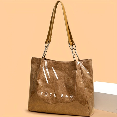 Glossy Shoulder Tote Bag Large Capacity Handbag With Letter Print And Metal Chain Handle For Women Daily Vacation Beach