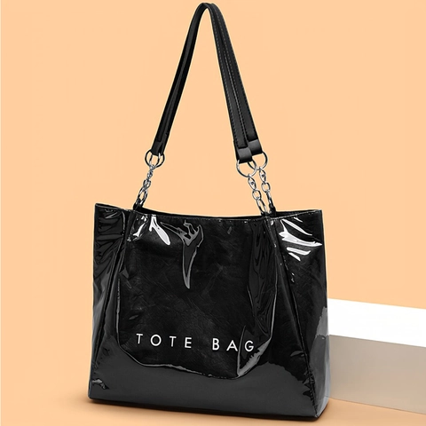 Glossy Shoulder Tote Bag Large Capacity Handbag With Letter Print And Metal Chain Handle For Women Daily Vacation Beach