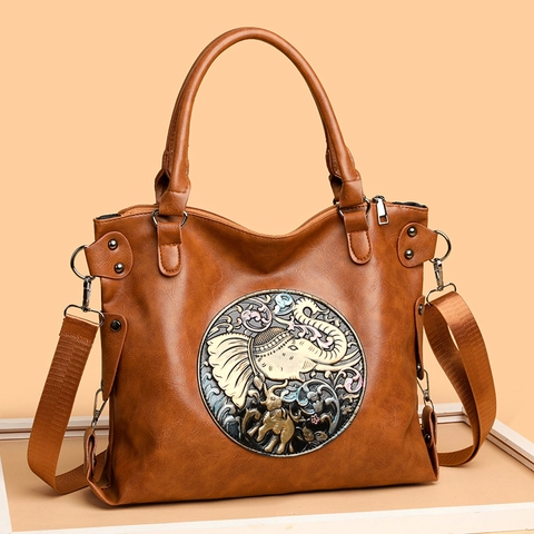 Grand Sac Cabas Vintage À Relief Éléphant En Cuir PU Style Ethnique Sac À Épaule Femme