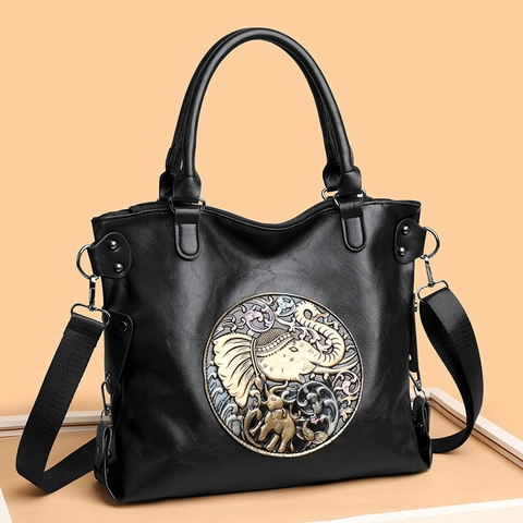 Grand Sac Cabas Vintage À Relief Éléphant En Cuir PU Style Ethnique Sac À Épaule Femme
