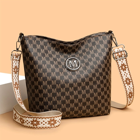 Damen Umhängetasche PU Leder M Monogramm Druck Retro Große Kapazität Breiter Jacquard Gurt Mode Schultertasche