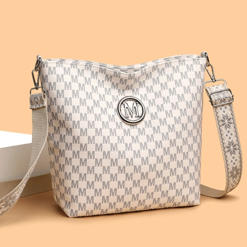 Damen Umhängetasche PU Leder M Monogramm Druck Retro Große Kapazität Breiter Jacquard Gurt Mode Schultertasche