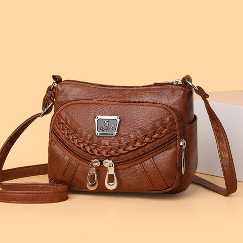 Sac Bandoulière Femme Cuir PU Souple Multi Poches Sac À Épaule Rétro Texture Galet Avec Décor Tissé Multi Fermeture Éclair