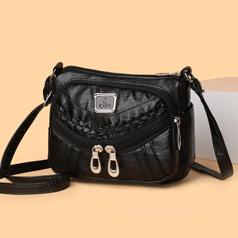 Sac Bandoulière Femme Cuir PU Souple Multi Poches Sac À Épaule Rétro Texture Galet Avec Décor Tissé Multi Fermeture Éclair