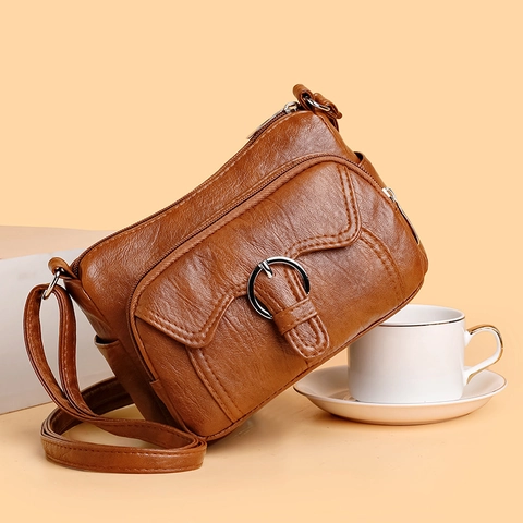 Women Retro Crossbody Bag Multi Pocket Zipper PU Leather Small Square Shoulder Purse Casual Style