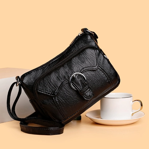 Women Retro Crossbody Bag Multi Pocket Zipper PU Leather Small Square Shoulder Purse Casual Style