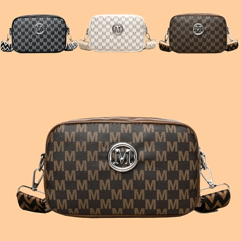 Dames Schoudertas PU Leer Monogram Patroon Brede Schouderriem Mode Kleine Camera Vierkante Handtas