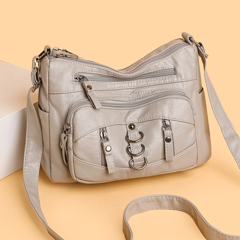 Soft PU Leather Crossbody Bag For Women Multi-Pocket Large Capacity Multi-Zipper Shoulder Bag For Daily Commute Vintage Style