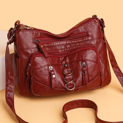 Soft PU Leather Crossbody Bag For Women Multi-Pocket Large Capacity Multi-Zipper Shoulder Bag For Daily Commute Vintage Style