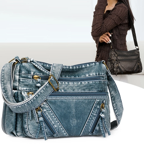 Sac Bandoulière En Cuir PU Lavé Rétro Multi Poches Zippées Grande Capacité Sac À Épaule Décontracté Avec Bandoulière Réglable