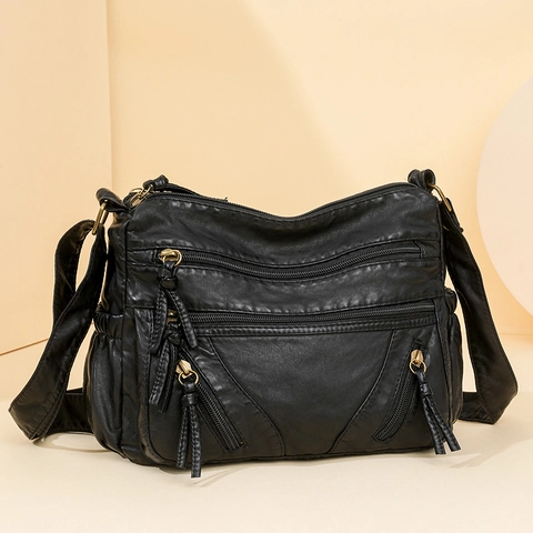Sac Bandoulière En Cuir PU Lavé Rétro Multi Poches Zippées Grande Capacité Sac À Épaule Décontracté Avec Bandoulière Réglable