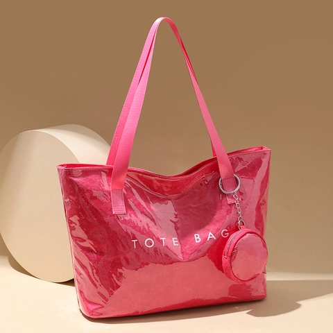 Waterproof PVC Tote Bag With Crinkle Texture Letter Print And Round Coin Purse Fashion Versatile Shoulder Handbag