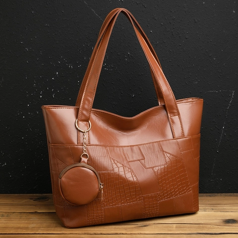 Borsa Tote Grande Minimalista Donna Pelle PU Patchwork Motivo Coccodrillo Borsa A Spalla Con Pendente Portamonete Tondo
