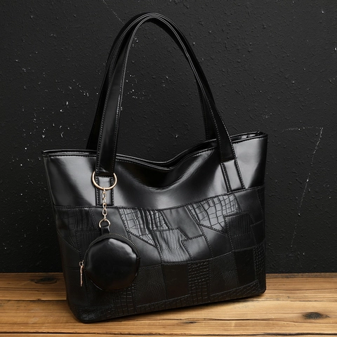 Borsa Tote Grande Minimalista Donna Pelle PU Patchwork Motivo Coccodrillo Borsa A Spalla Con Pendente Portamonete Tondo