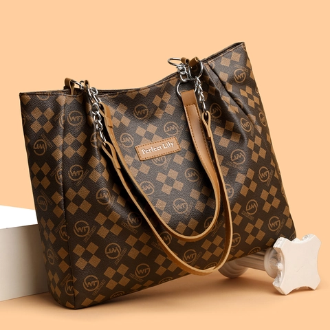 Retro Schachbrett Tote Bag Große Kapazität PU Leder Handtasche Mit Kettenriemen Vintage Schultertasche Für Frauen